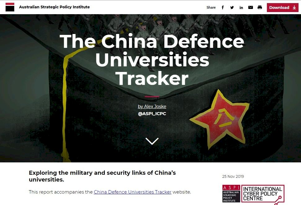 專家呼籲，禁澳洲大學與軍方背景中國大學合作。 圖／ASPI