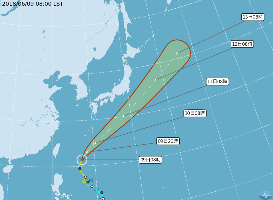 氣象局預測，目前海面上兩個颱風，都不會侵襲台灣，但10日及11日，受熱帶性低氣壓或颱風外圍環流影響，全台都會下雨。圖／中央氣象局