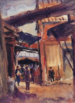 李澤藩老師的繪畫作品非常多,他的作品以水彩畫最多,少部份是油畫。一生的創作都與土地和人們的情感有著深刻的聯繫,此圖為「鹿港橫町」,也是他的代表作之一。