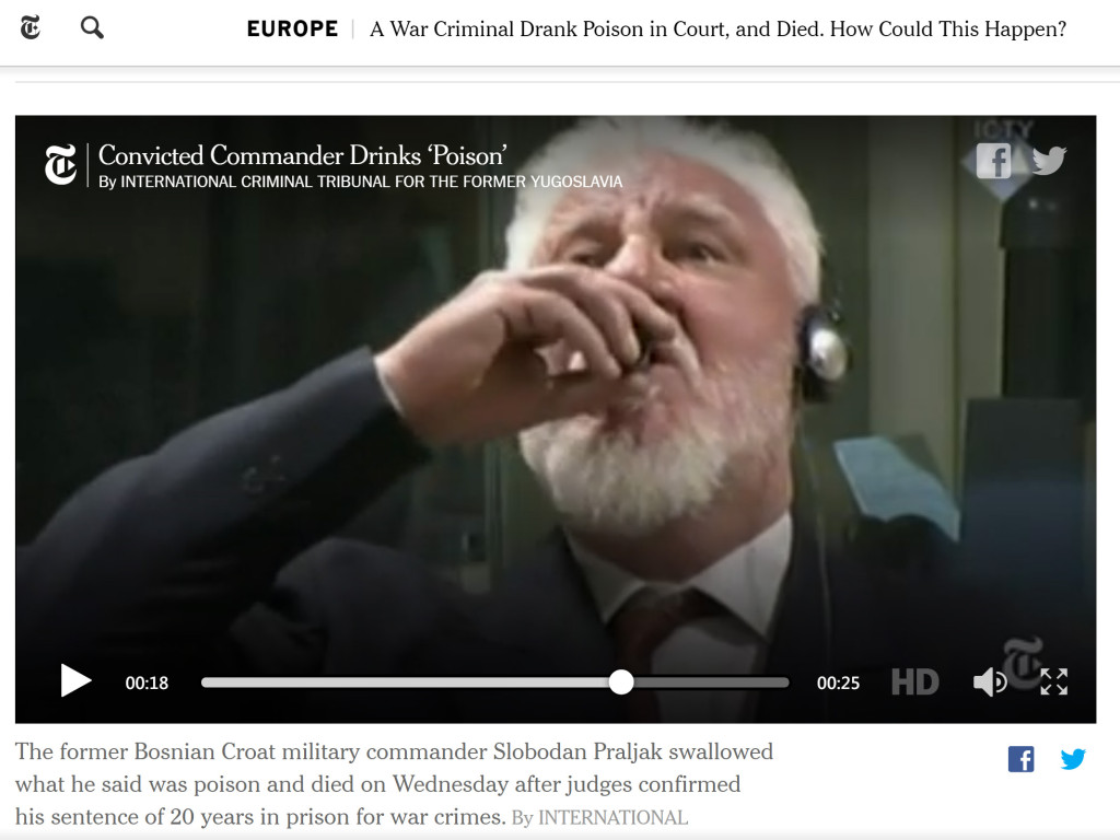 普拉亞克（Slobodan Praljak）將軍在荷蘭海牙聯合國戰爭罪行法庭上服毒自盡。（圖／紐約時報截圖）