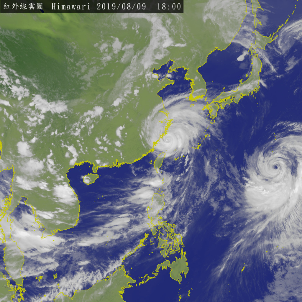 利奇馬颱風已經減弱為中度颱風，繼花蓮後，台中、苗栗和新竹陸上警報陸續解除。圖／取自中央氣象局網站