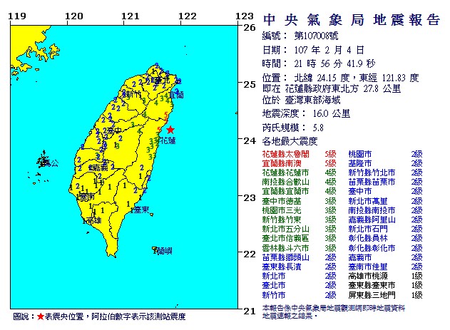 花蓮連續發生多次有感地震，規模最大的一次，在晚間9時56分，芮氏規模5.8，花蓮、宜蘭震度達5級。圖／中央氣象局地震中心