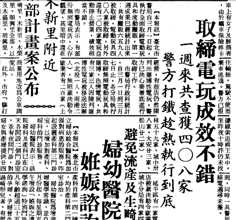 1982年3月，全台警方雷厲風行掃蕩電玩。這新聞背後，牽涉到台灣資訊業的一段野史。(圖為1982.03.09中央日報8版)