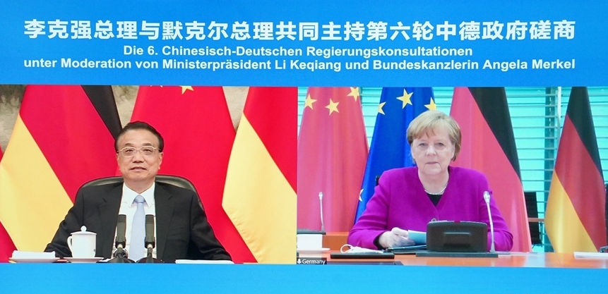 4月28日，德中政府第六輪磋商會議於網路視訊線上舉行。左：李克強、右：梅克爾。圖／擷自新華網