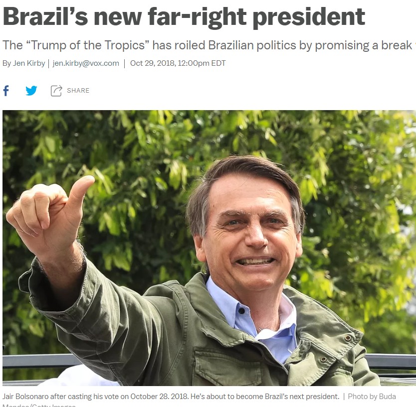 博爾索納羅（Jair Bolsonaro）贏得巴西2018總統大選。截圖取自/ vox新聞網頁