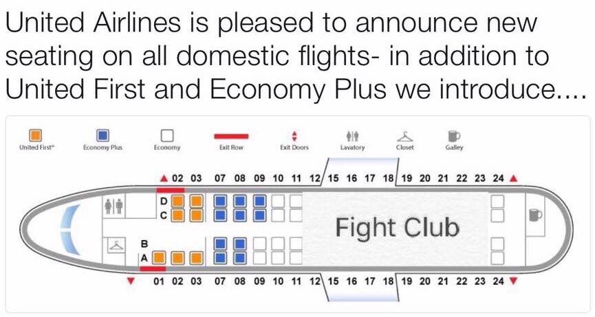 美國聯合航空以暴力方式將不願更換航班乘客拉下飛機，讓網友忿忿不平，甚至修圖將聯航經濟艙形容為「戰鬥俱樂部」。（圖片擷取自Twitter）