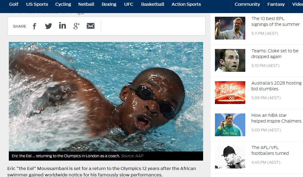 「非洲鰻魚」穆沙巴尼在2000年雪梨奧運差點溺水、但仍不放棄游完全程，成為奧運史上經典時刻。圖／取自FOX SPORT網站