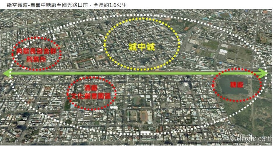 全台首創「綠空鐵道」空照規劃圖。㰐圓型圖中心點即新舊火車站之所在。(中市府提供)