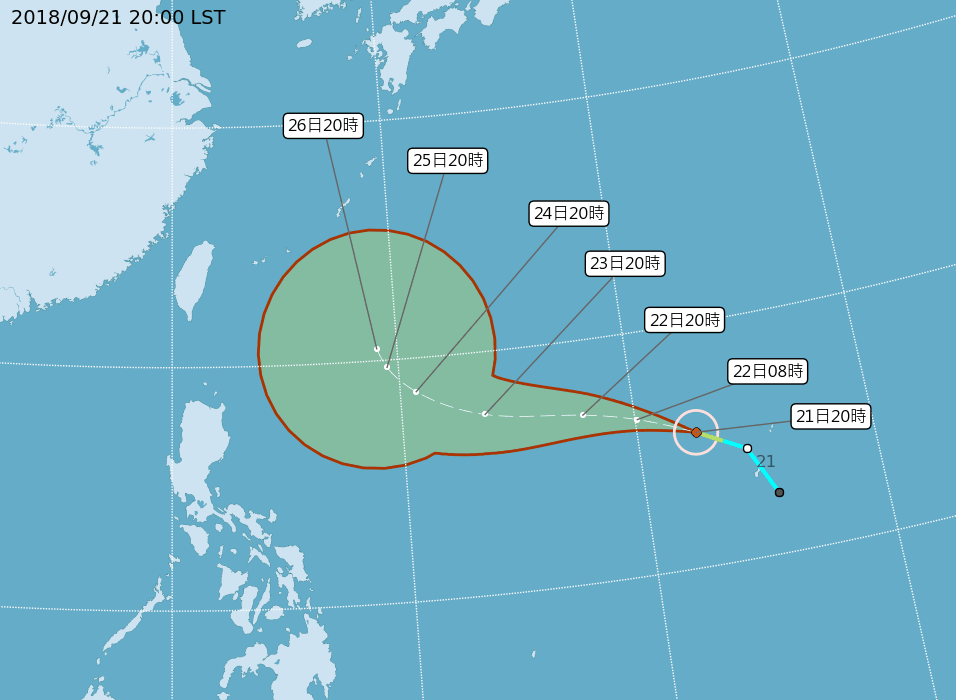 今年第24號颱風潭美（國際命名TRAMI）今天（21日）晚間8時形成，未來不排除沿台灣東部海面北上。圖／中央氣象局