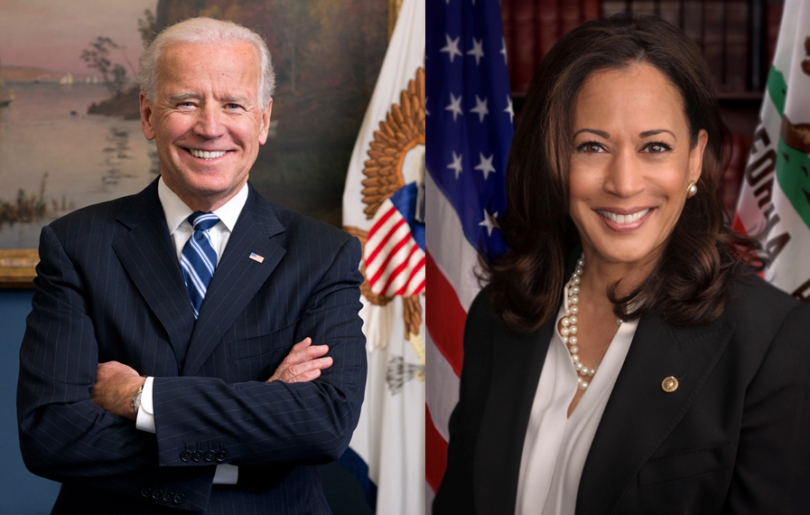 民主黨提名的總統候選人拜登（Joe Biden）（左）選擇加州聯邦參議員卡瑪拉·哈里斯（Kamala Harris，又譯賀錦麗）（右）為他的競選夥伴。 圖／擷自維基百科，公有領域，民報合成