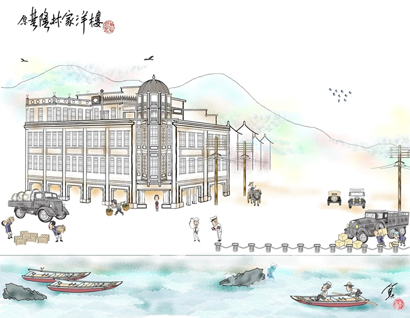 林開群洋樓，位於今之基隆仁二路和愛一路三角窗，隱身於引橋之後，無復當年風華。