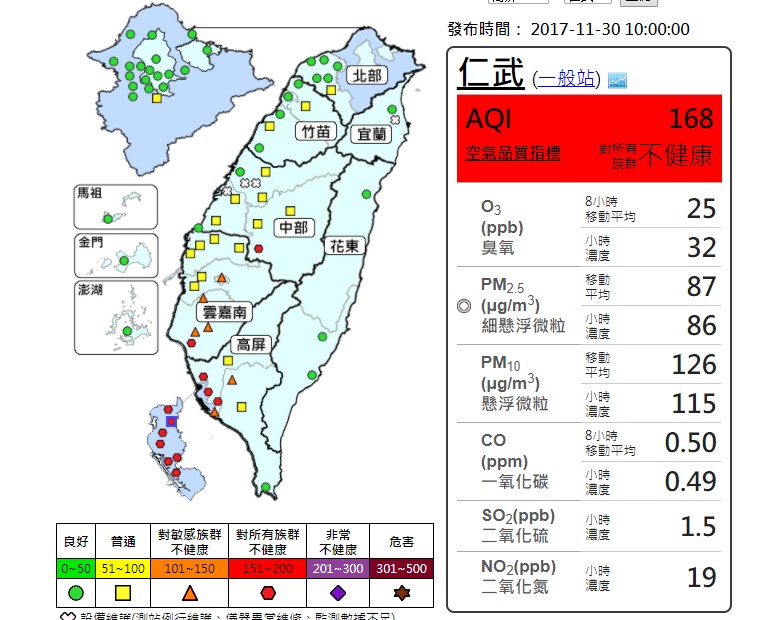 環保署空氣品質監測網示上午高屏地區空氣品質惡劣。圖／環保署空氣品質監測網