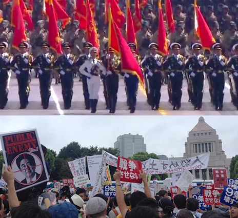 第二次世界大戰結束70周年之際，中國在大閱兵，日本在反對新安保法。(圖取財自央視、SEALDs臉書粉絲頁)