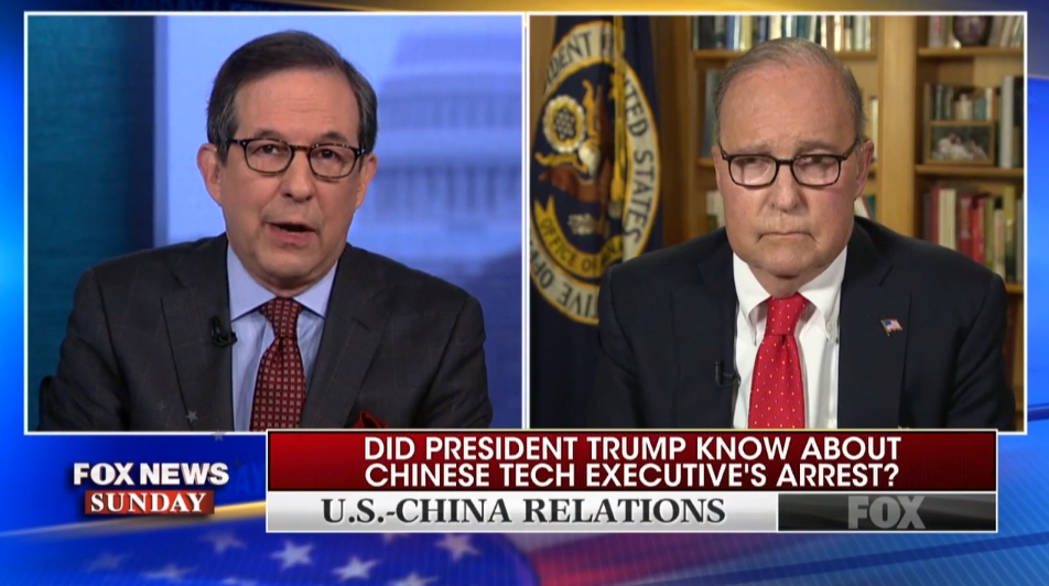 美國之音報導，白宮國家經濟委員會主席庫德洛（Larry Kudlow）（圖右）說，川普總統12月1日在與中國國家主席習近平會晤時並不知道加拿大在當天應美國的要求逮捕了華為財務長孟晚舟。圖／擷取自Foxnews