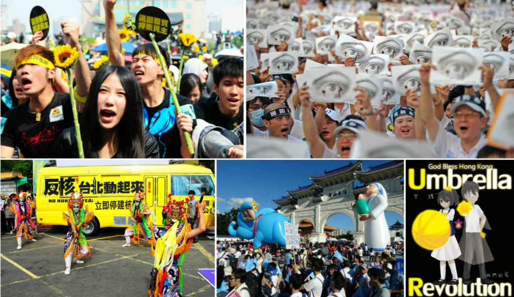 2013年的白衫軍運動、去年的太陽花、香港佔中或是日本的大學生乃至高中生的反安保，都已經顛覆了過去傳統的學運和社會運動的作法了。（圖：組合自網路資料）