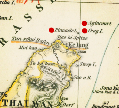 基隆北方三島花瓶嶼、棉花嶼、彭佳嶼被標示成奇怪的英文名字，原來是牽涉一段150年前的國際關係故事的。（截圖自石井望教授《歐洲古圖為證》一文附圖）