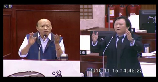 王世堅市議會痛批韓國瑜放任菜蟲,且根本是流氓行徑黑道治國,韓國瑜也不認輸回嗆,還強調「我只是個賣菜賣水果的,OK?」圖/翻攝北市議會議場直播