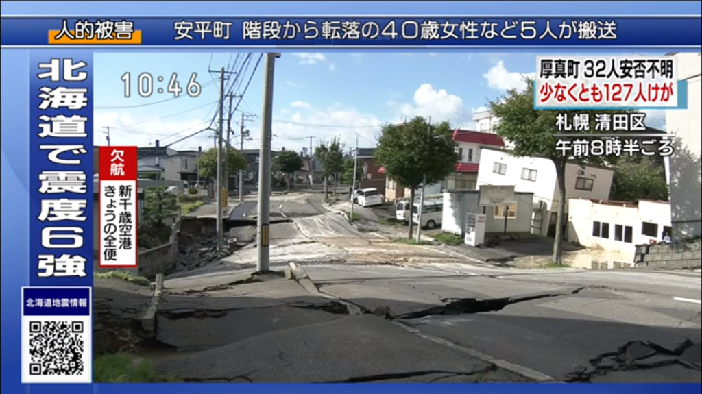 日本北海道今天凌晨發生規模6.7地震，部分地區觀測到6強的強烈搖晃，有房屋倒塌、道路下陷龜裂情形，山區有嚴重土石流，但沒有引起海嘯的危險。圖／截自NHK影片