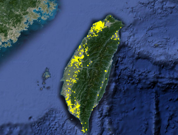 全台土壤調查重金屬超標網點。原始資料提供：農試所。製圖來源：守護農地地圖