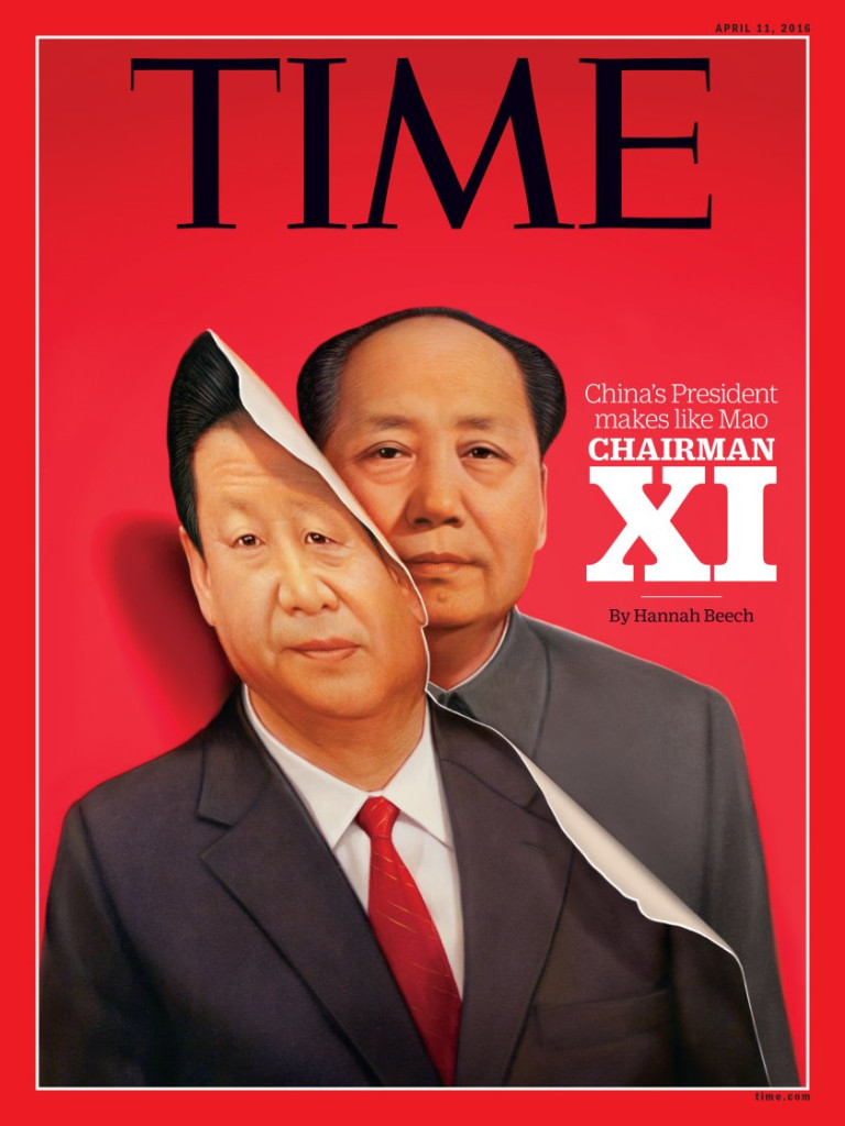 《時代》（TIME）雜誌亞洲版封面——一張「習近平變成毛澤東」照片。  《時代》指出，中國國家主席習近平搞個人崇拜、高度集權，惹惱不少中共高層及黨員，有人認為習近平要作另一個毛澤東。圖／取自《時代網站》Illustration by Tim O’Brien 
