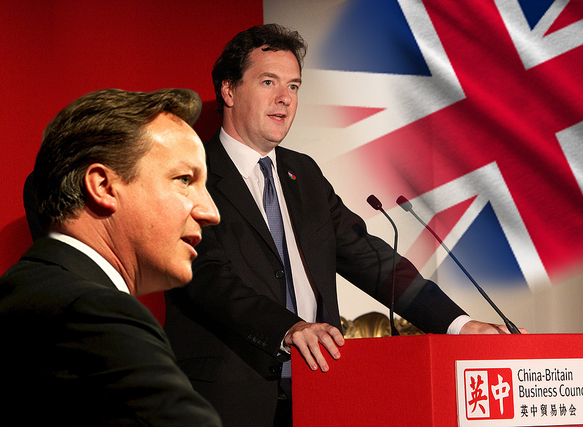 英國首相卡梅倫及財相奧斯本如今以出賣英國產業利益的手段來促進與中國的貿易和投資。（圖：foreignoffice/民報合成）