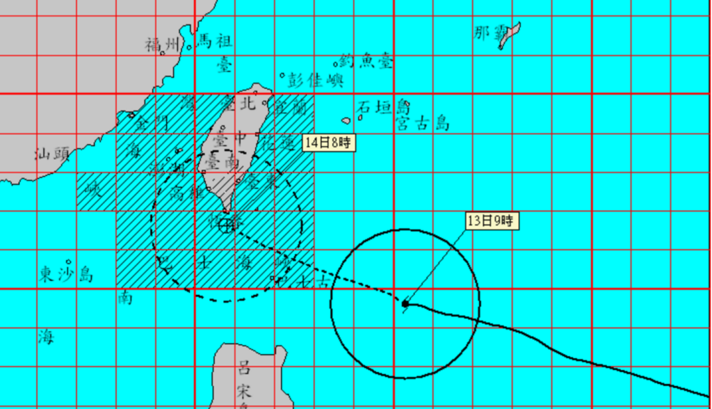 氣象局13日上午9點15分發布的颱風動態圖。由圖可見，24小時之後，南台灣都將進入暴風圈。圖／取自氣象局官網