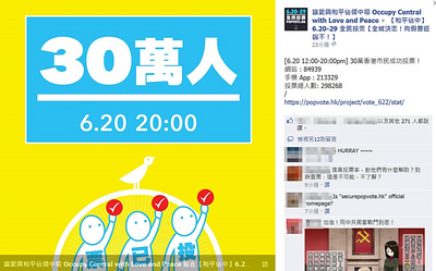 為爭取更符合民主原則的行政長官選舉方案，香港泛民主派20日中午開始舉行「全民投票日」。（此活動臉書投票專頁截圖）中央社