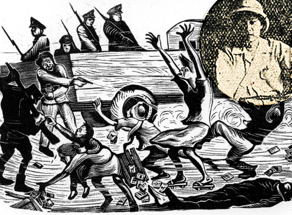 黃榮燦存世不多的照片,與他的木刻作品《恐怖的檢查 》(1947)(圖片:網路資料、《台旅月刊》創刊號)