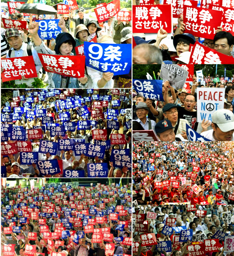 日本民眾反「戰爭法案」的安保法案，簡直舉國皆出，讓安倍和自民黨嚇壞了！不過，還沒完哩，九月中旬起，還會有一波坡更大規模抗爭活動。（組合自網路資料圖片）