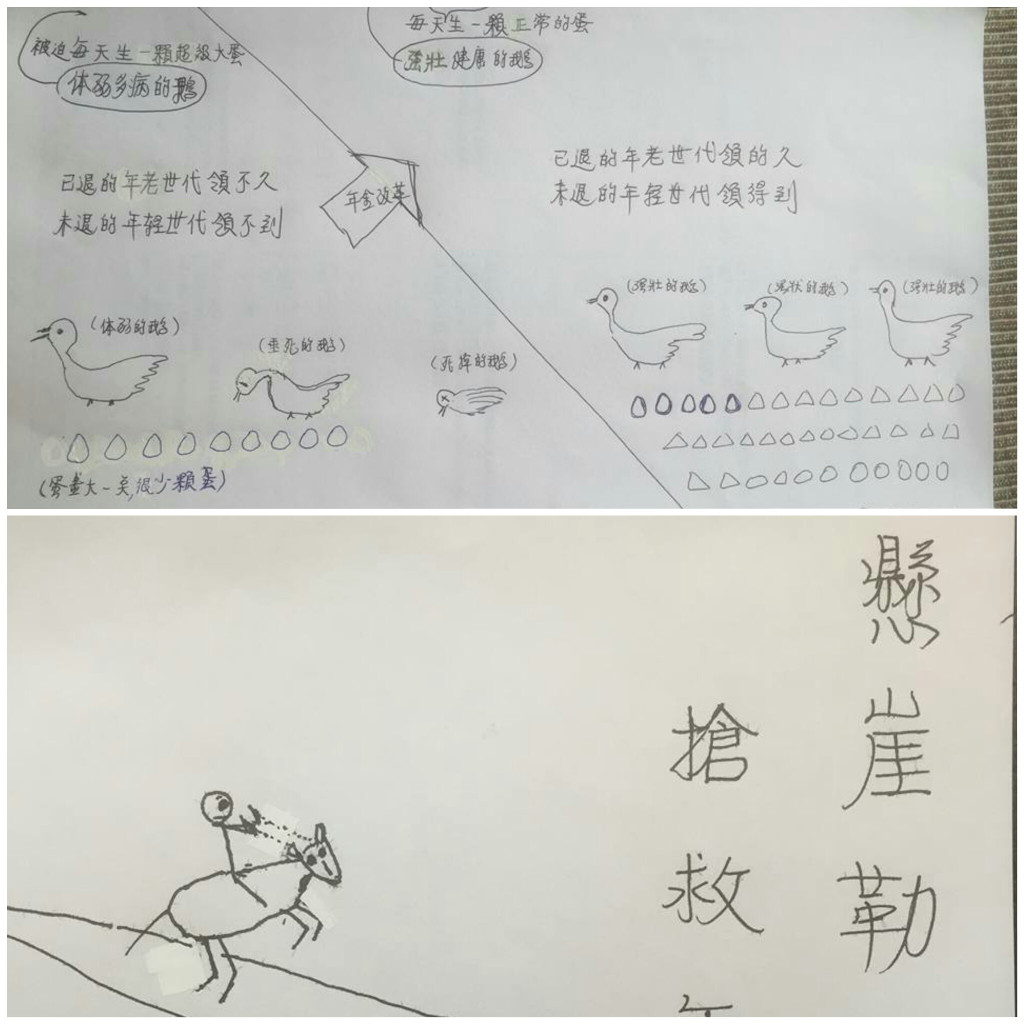 陳副總統日期在在臉書手繪二張圖解釋年金改革的迫切性，前立委沈富雄看法不同，建議副總統畫「泥牛入海」及「竭澤而漁」二張圖讓社會大眾個明白年改的必要性。(圖/擷取自陳建仁臉書，民報後製)