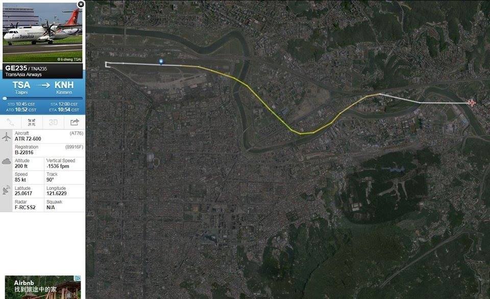 GE235航班的航跡圖顯示，失事復興航班疑似一起飛就沿著基隆河尋找迫降點。(網友提供)