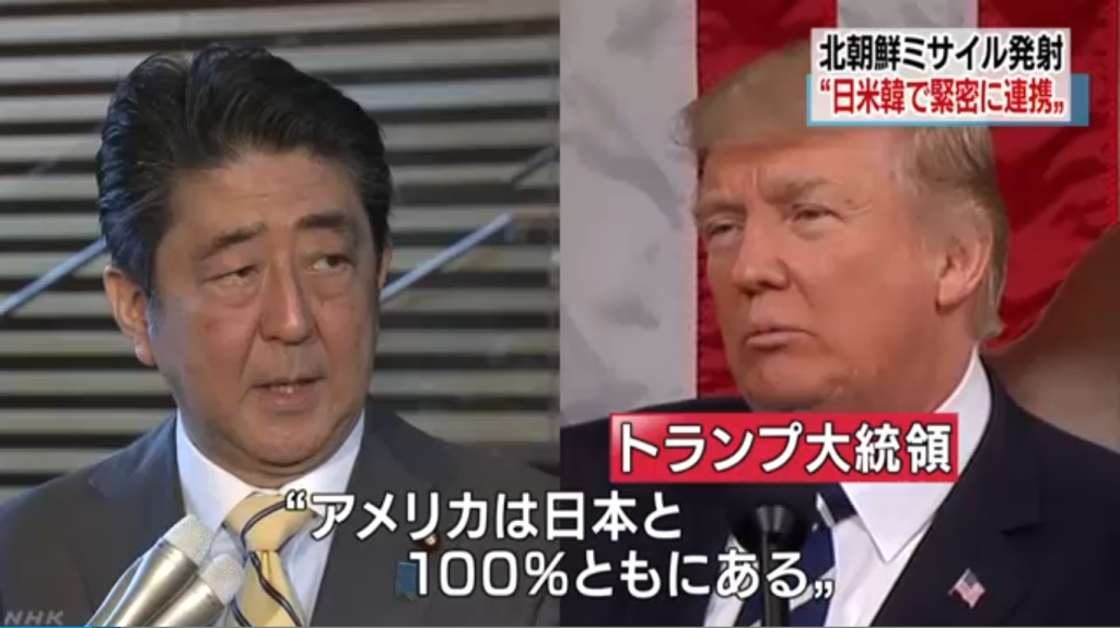 日本首相安倍晋三今(7)日上午針對北韓試射飛彈，與美國總統川普進行了約25分鐘的電話會談，並透露川普已向他表示「美國百分之百支持日本」。圖／翻攝自NHK影片新聞畫面