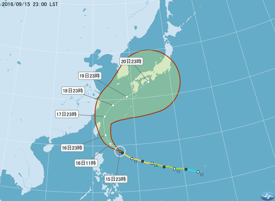 中央氣象局於15日晚間11時30分發佈馬勒卡颱風海上颱風警報，預估未來兩天北台灣將受到影響。（圖片取自中央氣象局）