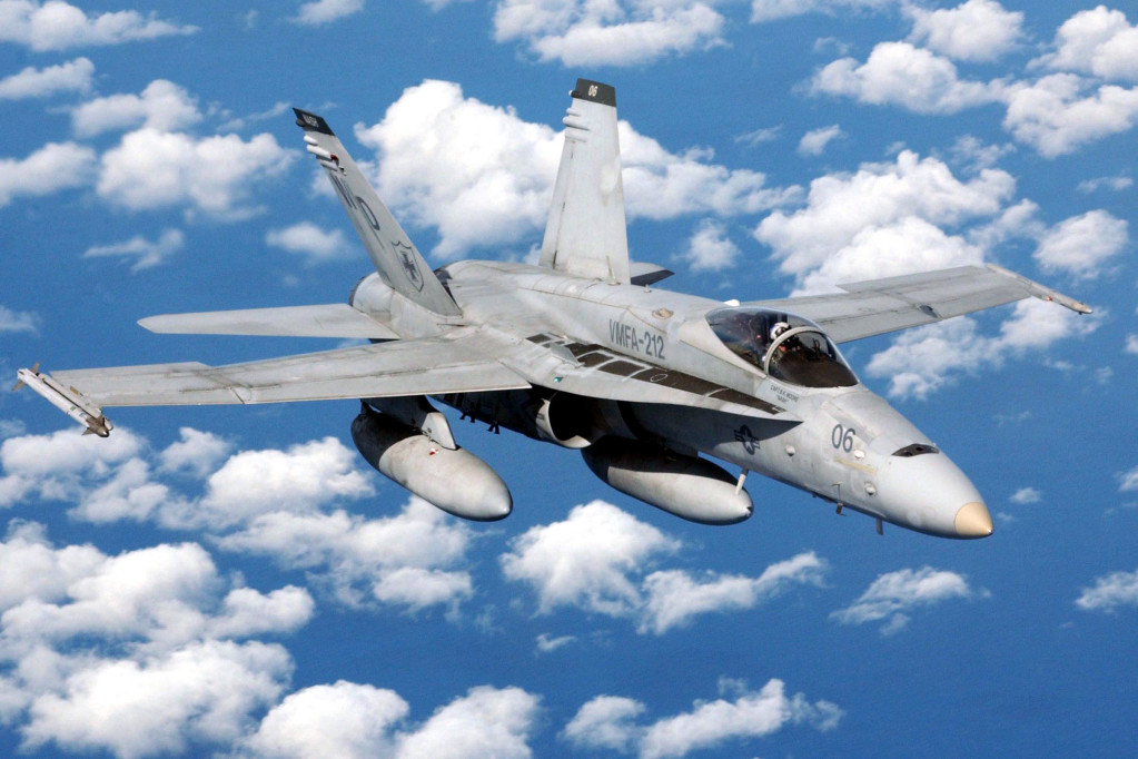 2架美軍F-18大黃蜂戰機迫醬台南機場，有網友立即聯想，此舉不正好說明有美軍航空母艦在南台灣海域？（照片翻攝自維基百科）20150401