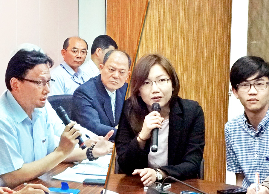 台聯黨團今天（26日）舉行記者會，由民主陣線執行秘書嚴婉玲、民主鬥陣謝邑霆（右）與航警局、警政署官員（左）針對破門事件當面對質，雙方針鋒相對、數度言詞爭執。（劉明堂攝）