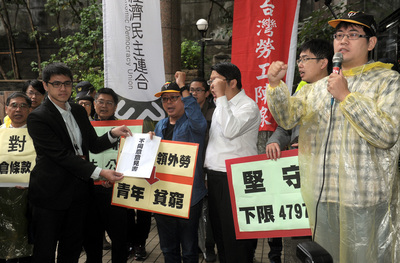 勞動部日前公告修正僱用白領外勞相關審查標準，勞陣6日前往勞動部遞交陳情書，反對開放低薪白領外勞，要求47971元薪資下限不能廢。(中央社)