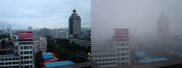 中國各地空氣汙染嚴重，首都北京也不例外。圖左側為下雨後的北京市，右側為充滿煙霧的北京市。(圖片: 維基百科，原攝影者: Bobak，20050801)