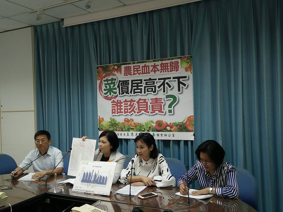 菜價居高不下，誰該負責？國民黨立委張麗善（左二）、柯志恩（左三）、王惠美（左四）今（24）日上午召開記者會，批評農委會釋出庫存蔬菜時機不當。圖／唐詩