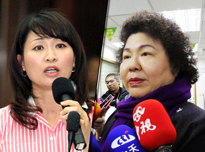 國民黨高雄市議員陳麗娜（左）在議會質詢抨擊陳菊市長「沒有安全就沒有回填」跳票。（網路資料，民報合成）