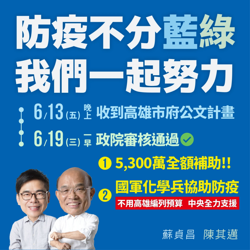 行政院長蘇貞昌今（19）日表示，今天上午行政院審核通過，全額補助高雄市需要的5300萬元登革熱防疫經費。圖／取自蘇貞昌官方LINE群組