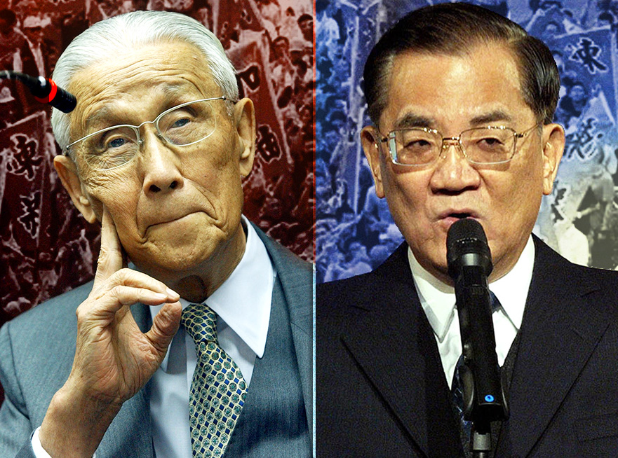 辜振甫不出來選舉，反而成了台灣人普遍尊敬的「辜老」；連戰卻因護子心切，居然爆粗口，又把別人祖宗找來抹黑。（中央社資料照，民報合成）