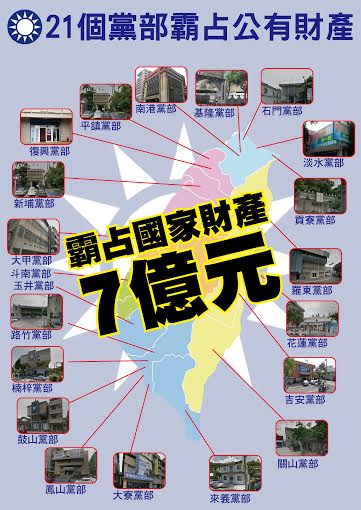 中國國民黨稱只剩3筆不動產有爭議，台聯今再爆國民黨21個黨部霸占公產7億元，光是新北市就有3個爭議黨部，痛批中國國民黨主席朱立倫挾新北市產圖利國民黨，監守自盜。(圖由台聯提供20150827)