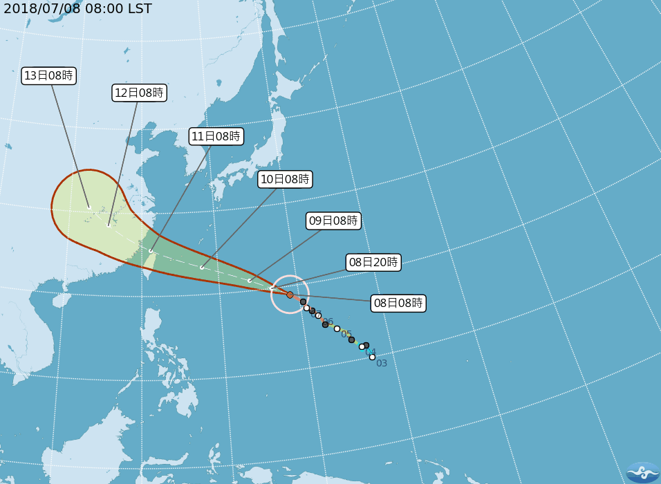 中央氣象局今（8）日最新天氣預報顯示，颱風瑪莉亞正朝台灣北部近海移動，如果路徑不變，預計今日深夜至明天凌晨發布陸上警報。圖／中央氣象局