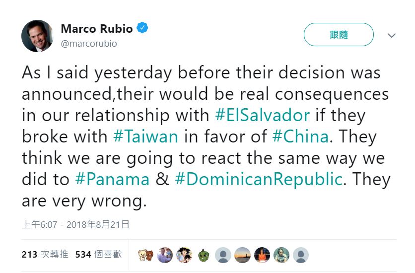 美國聯邦參議員盧比歐在其推特賬號上發文，對薩爾瓦多與台灣斷交發出警告。圖／擷取自Marco Rubio Twitter