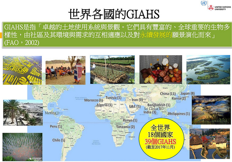 「全球重要農業文化遺產系統」（Globally Important Agricultural Heritage Systems，GIAHS）是聯合國農糧組織（FAO）於2002年約翰尼斯堡地球峰會上發起的框架。GIAHS是一個活躍，不斷發展的人類社會體系，概念與傳統文化遺產或保護區截然不同，並且更為複雜。圖／環境資訊中心提供