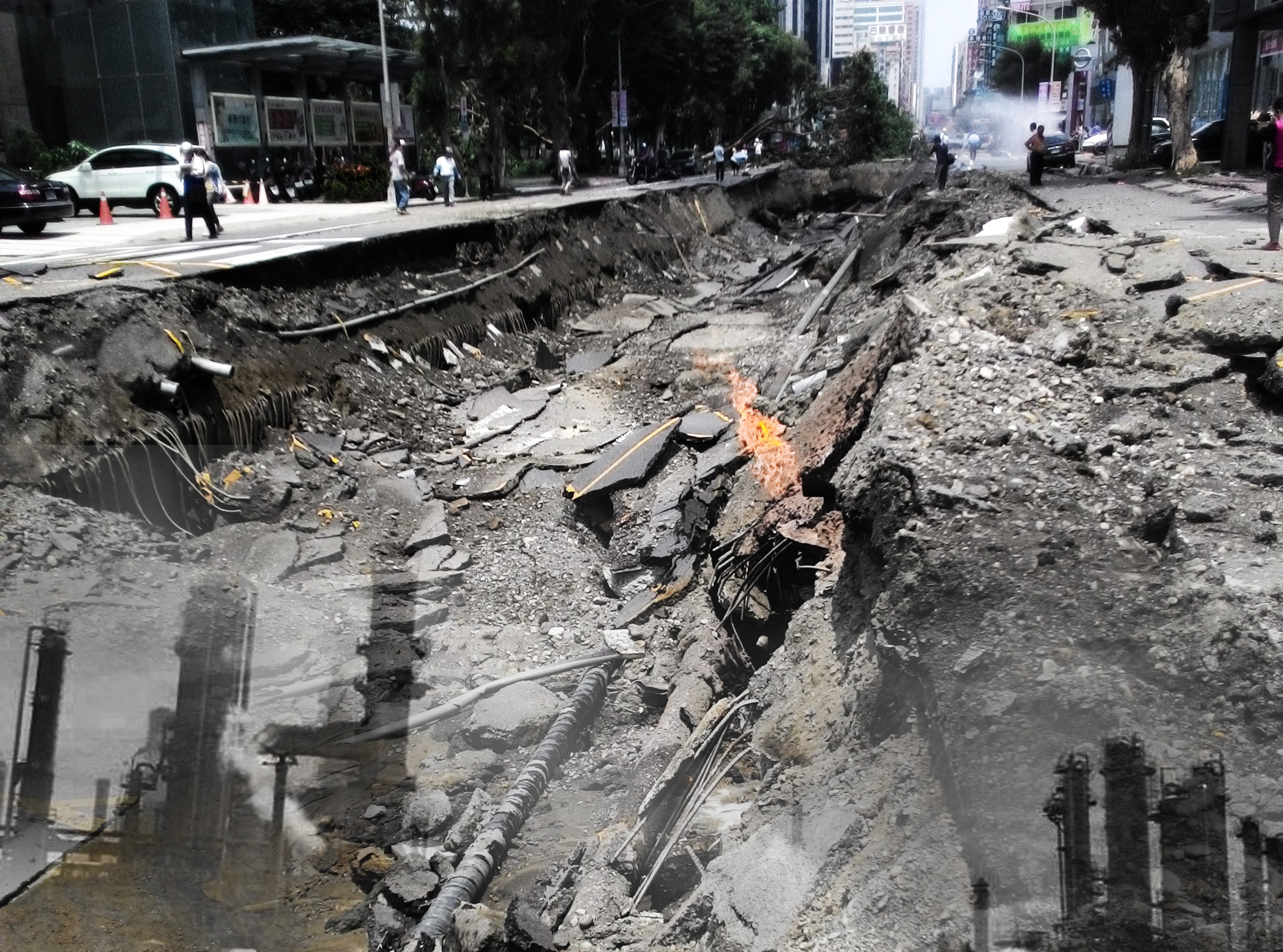 高雄市地底下埋藏著錯綜複雜的管路，雖過多年，基礎建設開展，但舊時的遺留仍在，巨大的不定時炸彈仍埋在地下。（圖片：網路資料、陳俊廷攝，民報合成）