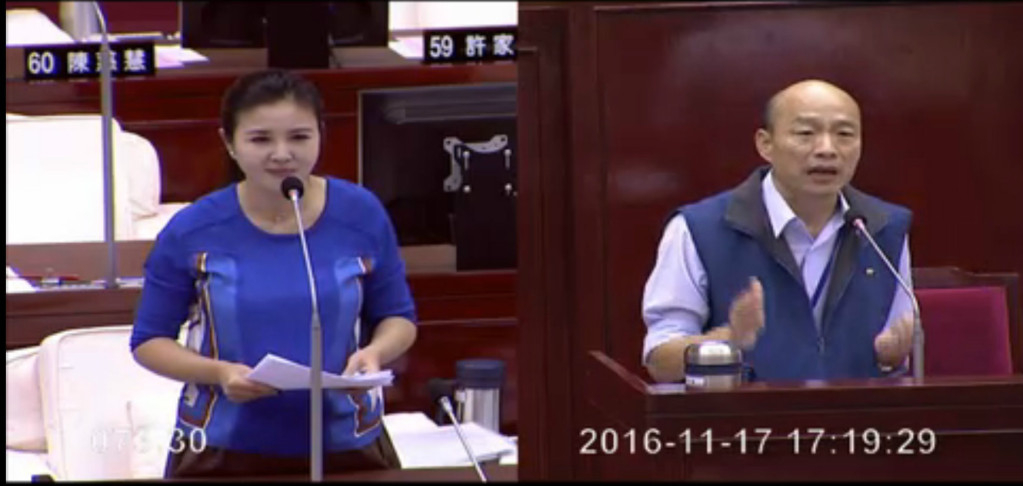 北農總經理韓國瑜日前和市議員王世堅在市議會唇槍舌戰，議員王欣儀17日詢問他戰力十足是否要出來選北市長，他則回應，只想靜悄悄賣菜。圖／翻攝議場直播