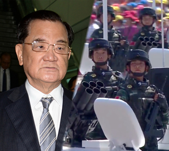 火上加油，壓倒國民黨亡黨的最後1根稻草，可能就是連爺爺登上天安門，和習皇帝九三閱兵、共作「中國夢」的荒唐事。（圖：網路資料，民報合成）