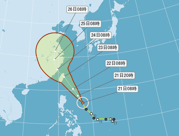 麥德姆颱風路徑動向預報圖。（中央氣象局）
