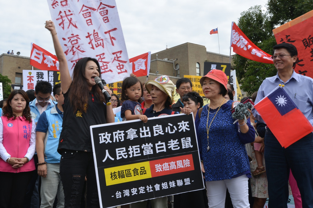 國民黨地方議會黨團今（18）日發起「向日本核災食品說不」，上午赴行政院抗議，現場各式標語要蔡英文負責。圖/郭文宏